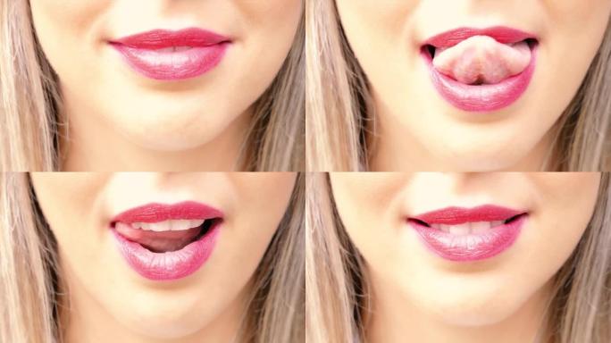 女人的舌头诱人地舔嘴唇。