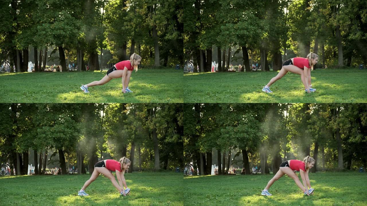 年轻女孩喜欢在大自然中运动。在户外做瑜伽。女人在公园里向后伸展并向前冲刺