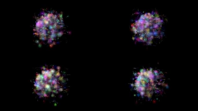 黑暗背景上的发光圆形模型。发光能量球。分子结构。微量原子和电子。物理概念。微观形式。超新星
