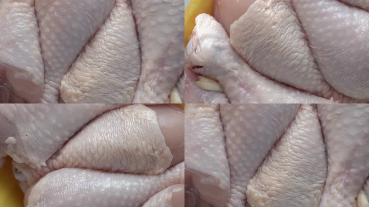 食物托盘中的新鲜生鸡腿在微波俯视图中旋转。