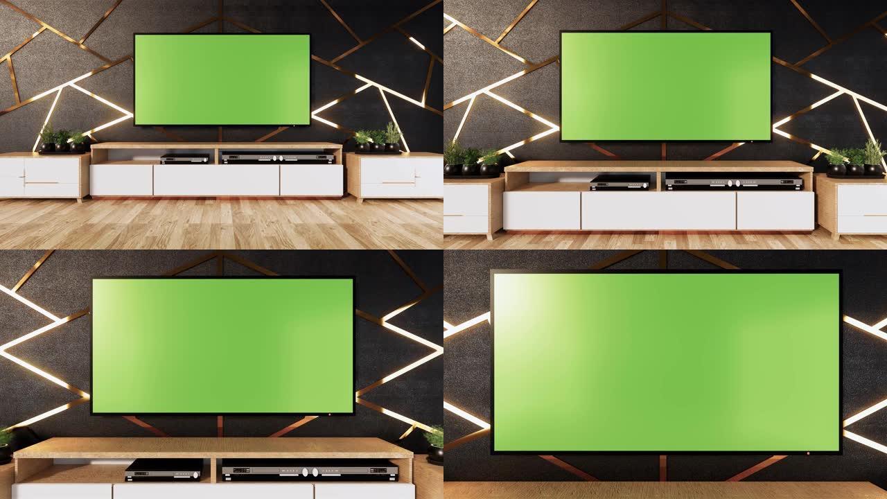 黑色墙壁设计和木地板上的铝制装饰金色，带木柜和模拟电视