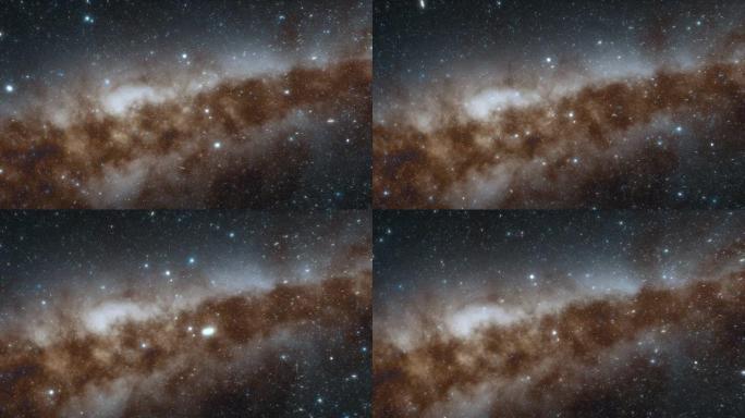 宇宙飞船以光速飞过太空中的一个星系。银河系中的数十亿颗恒星。美丽的星星集群。4k动画。