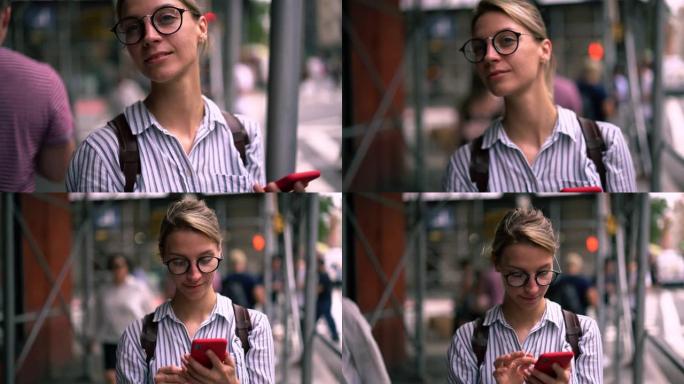 眼镜中的积极时髦女孩提供眼睛保护通过手机上的全球定位系统应用搜索美丽表演场所的位置，同时花时间探索城