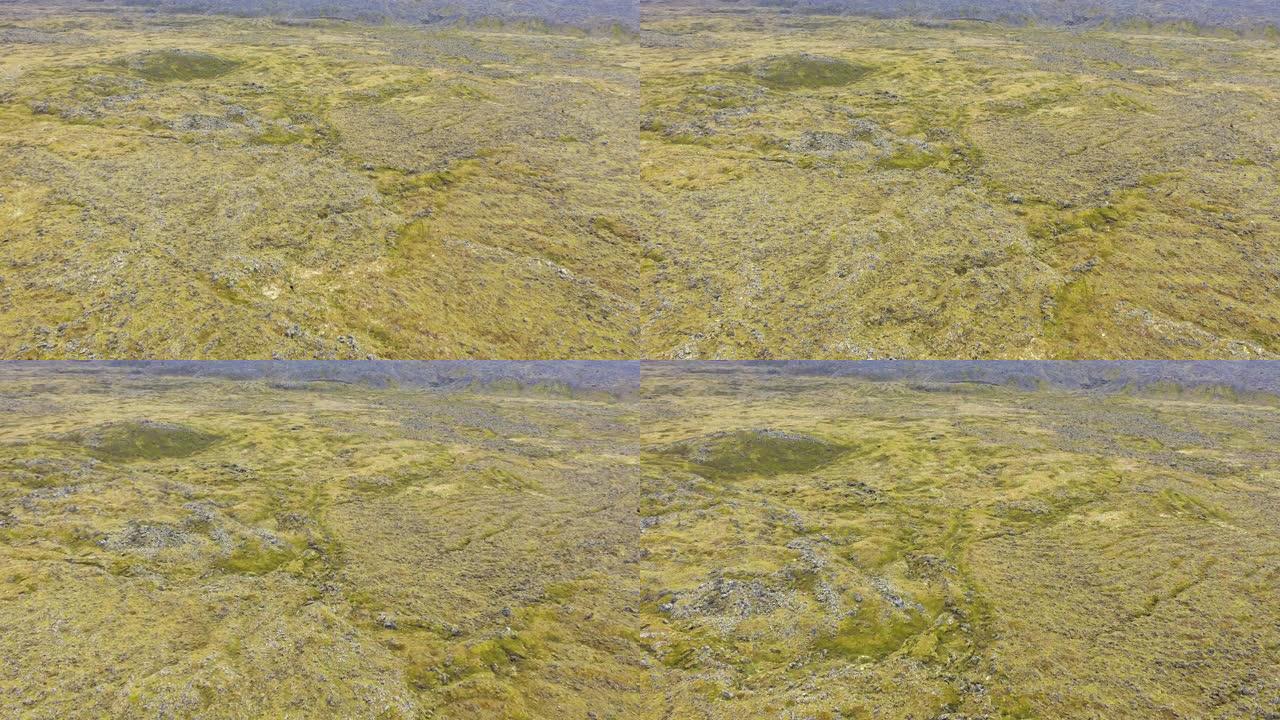 飞越冰岛的Eldhraun熔岩，空中4k高角度无人机视图