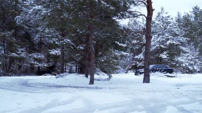 汽车在冬天在森林4K的深雪上行驶