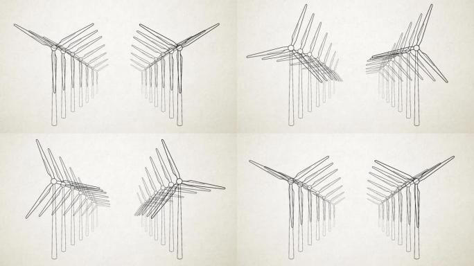 风力涡轮机-昼夜彩色领域的风能转换器，黑白风格-视频动画