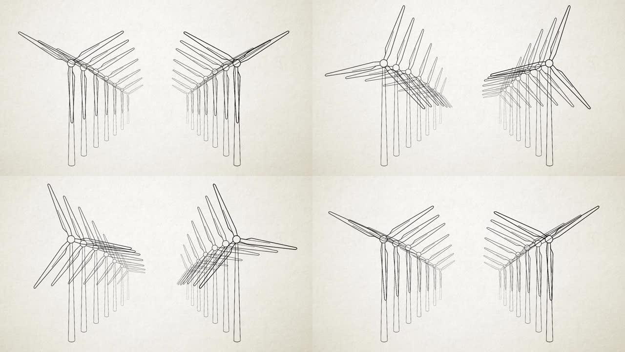 风力涡轮机-昼夜彩色领域的风能转换器，黑白风格-视频动画