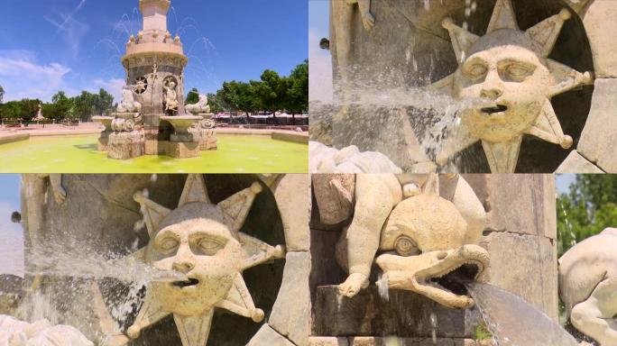 从金星喷泉或马里布兰卡拍摄的三个镜头，宽镜头和两个特写镜头。喷泉、星星和鱼。马德里阿兰胡埃斯