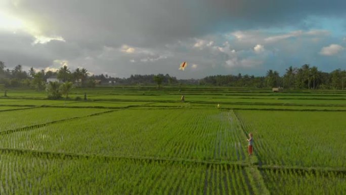 一个小男孩用风筝穿过美丽的大稻田的空中镜头。亚洲旅游概念