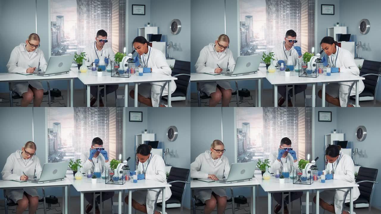在现代光明化学实验室工作的研究科学家的混合种族团队