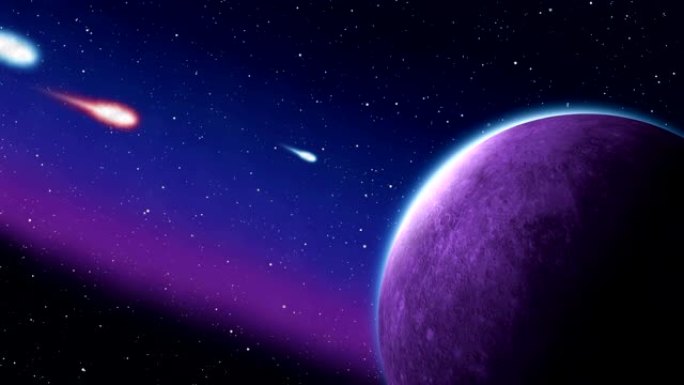 小行星流星太空撞击，紫色行星动画