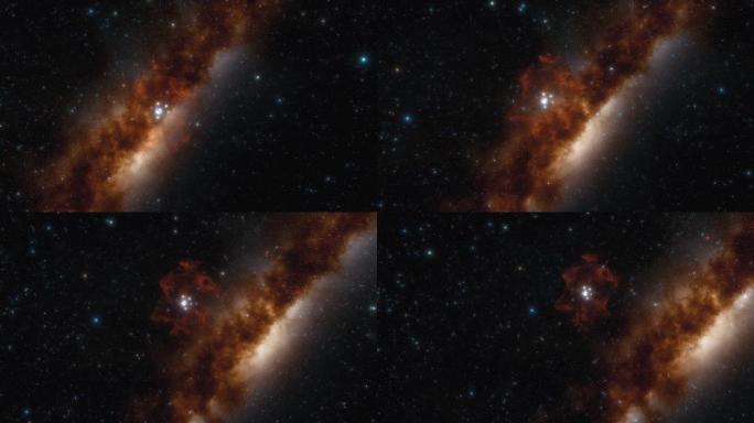 宇宙飞船在太空中的彩色星云附近飞行。银河系中的数十亿颗恒星。美丽的星星簇。3d动画