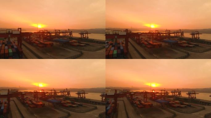 航拍货运港口早晨的朝霞