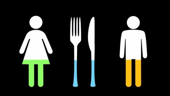 男性和女性，用叉子填充颜色的刀4k