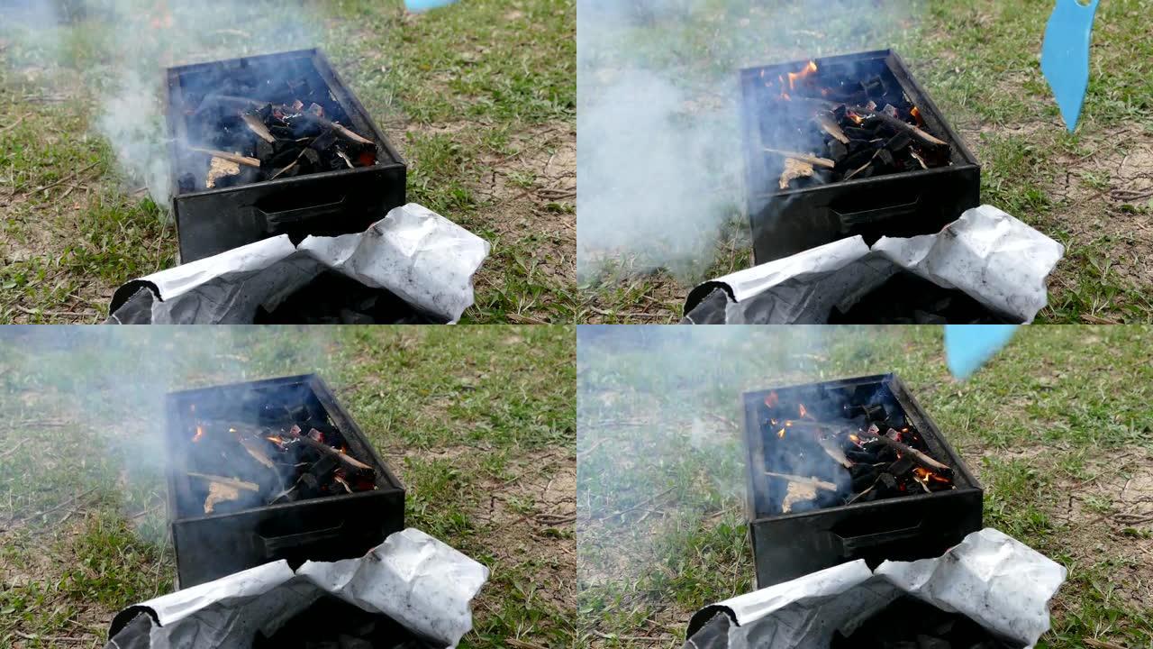 木炭，重要的，木炭，为，燃烧的火盆，准备，烧烤火，烧烤和火焰，