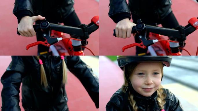 戴着头盔的微笑女学生按自行车铃，运动活动，童年爱好