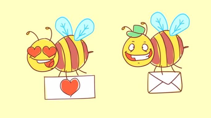 蜜蜂用心举着牌子，拿着信。有趣的角色。阿尔法通道