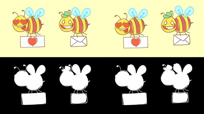 蜜蜂用心举着牌子，拿着信。有趣的角色。阿尔法通道
