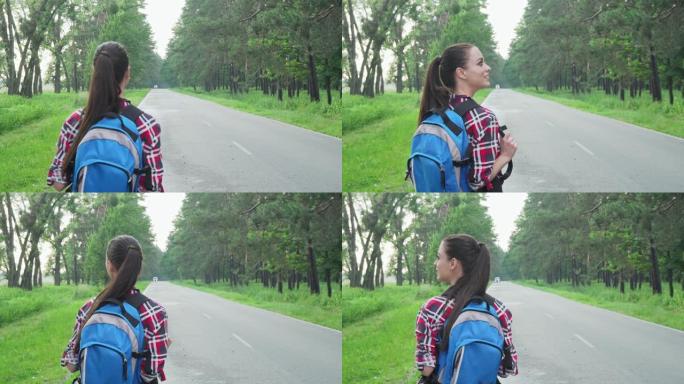 快乐的女背包客欣赏大自然走在乡村路上
