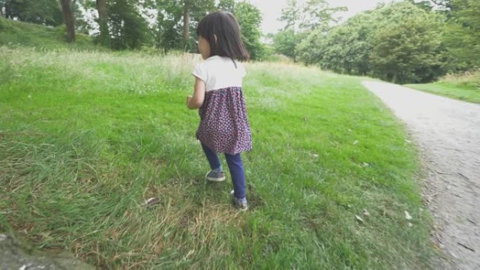 在北爱尔兰乡村森林公园跑步的蹒跚学步的女孩