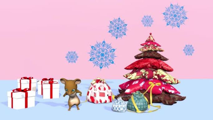 美丽的圣诞树和一只可爱的小老鼠。3D渲染