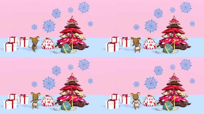美丽的圣诞树和一只可爱的小老鼠。3D渲染