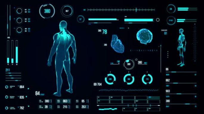具有HUD和信息图表元素的未来医学用户界面。虚拟技术背景。用于商业，游戏，运动设计，web和应用程序