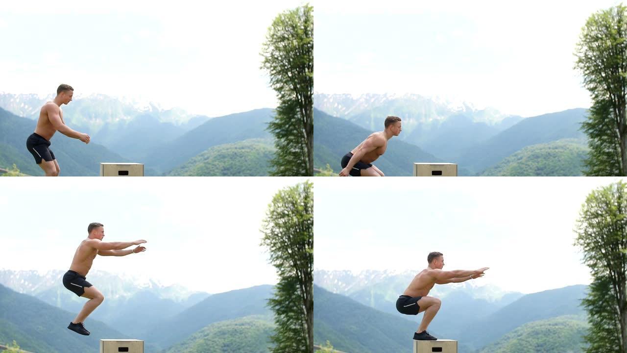 男跳高运动员做爆发力跳，健身房健身锻炼