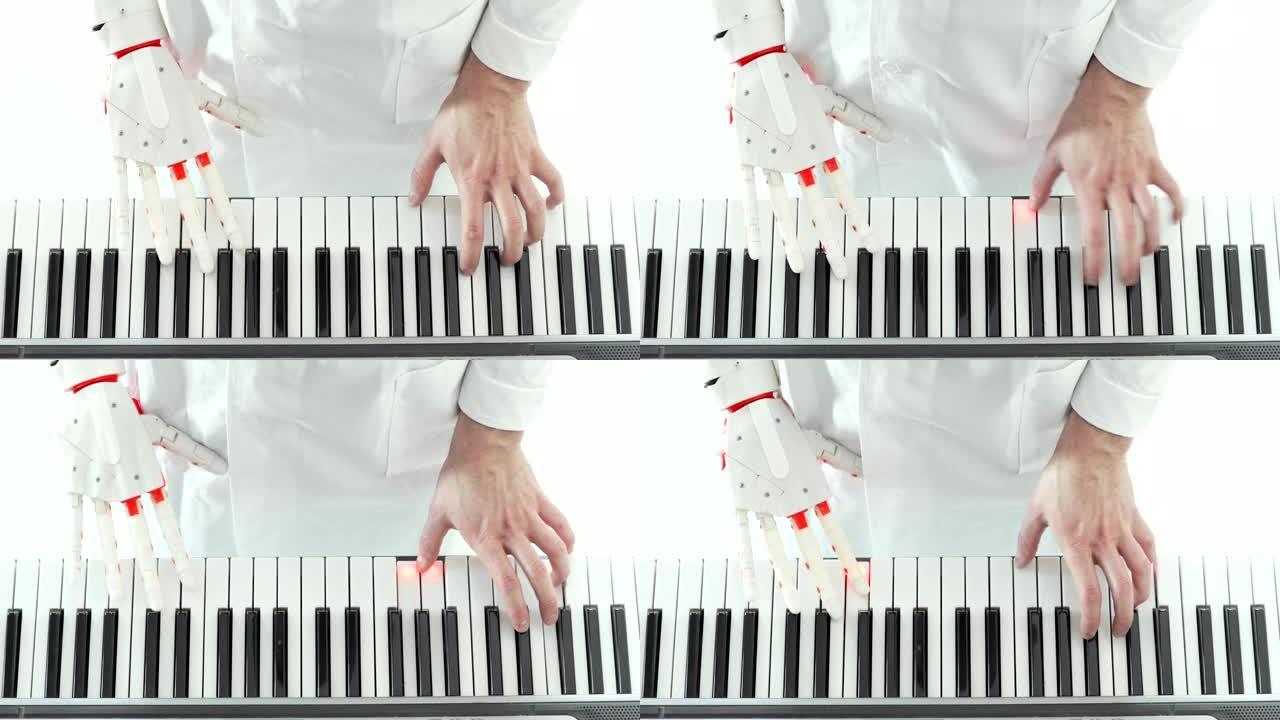 科学家正在品尝机器人假肢手在弹钢琴，试图按下正确的键