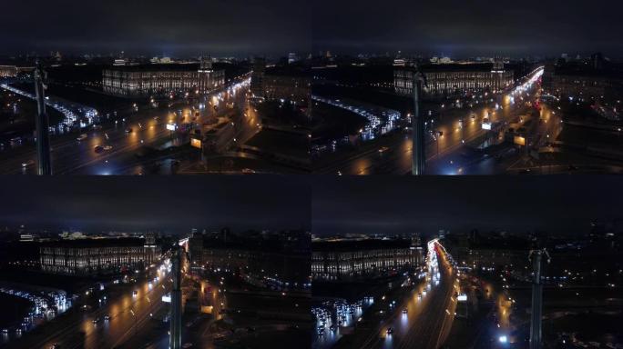 夜晚莫斯科与列宁斯基大道和加加林纪念碑，空中