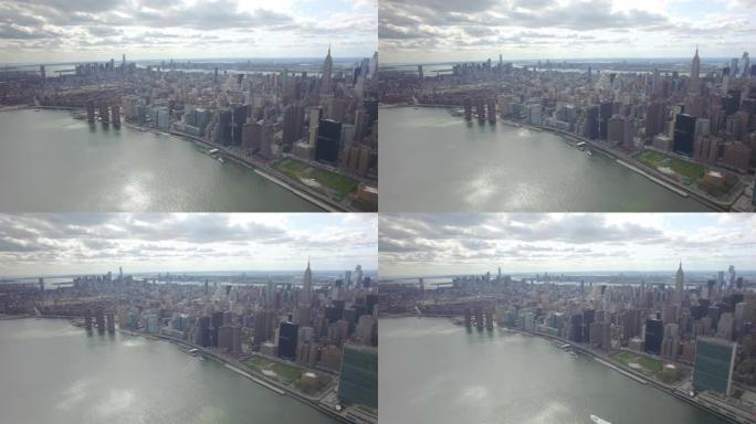 纽约市4k空中无人机天际线帝国大厦克莱斯勒大厦曼哈顿哈德逊河市中心白天24fps