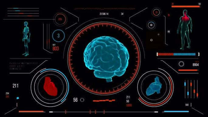 人脑扫描。具有HUD和信息图表元素的未来医学用户界面。虚拟技术背景。用于商业，游戏，运动设计，web