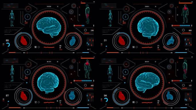 人脑扫描。具有HUD和信息图表元素的未来医学用户界面。虚拟技术背景。用于商业，游戏，运动设计，web