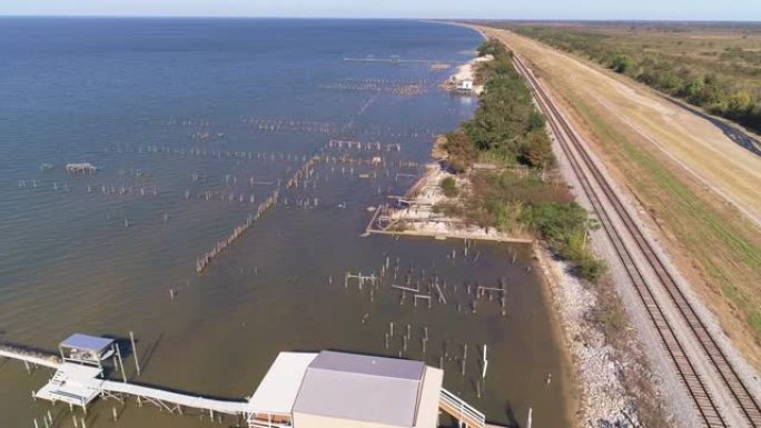 美国路易斯安那州新奥尔良庞恰特雷恩湖畔的码头和铁路。随着轨道摄像机的运动加速空中无人机视频。