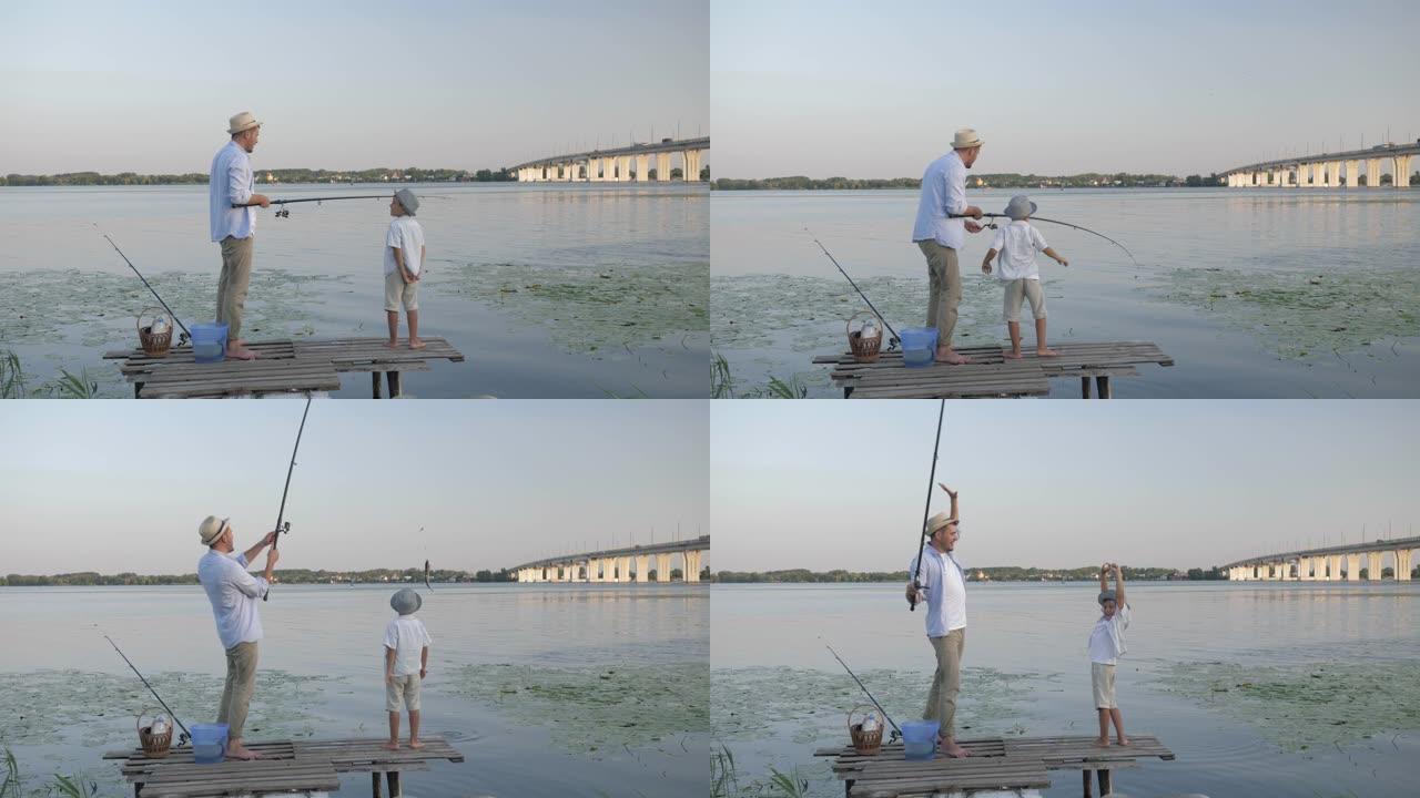 童年快乐，慈爱的爸爸在乡下暑假和他亲爱的儿子在河边的码头钓鱼