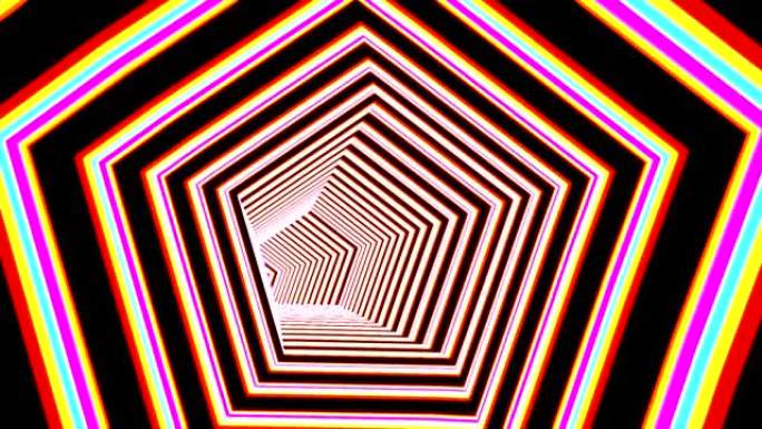 抽象五边形隧道无缝动画。具有红色，黄色，紫色霓虹灯照明的荧光五面体。网络空间门户中的迷幻之旅。未来几