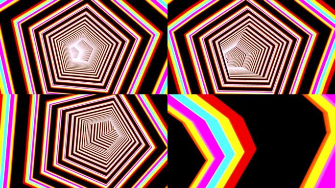 抽象五边形隧道无缝动画。具有红色，黄色，紫色霓虹灯照明的荧光五面体。网络空间门户中的迷幻之旅。未来几