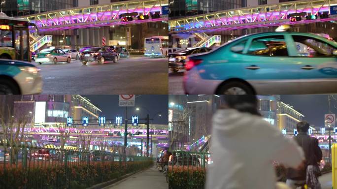 都市城市夜晚夜景人群行人人流汽车车辆车流