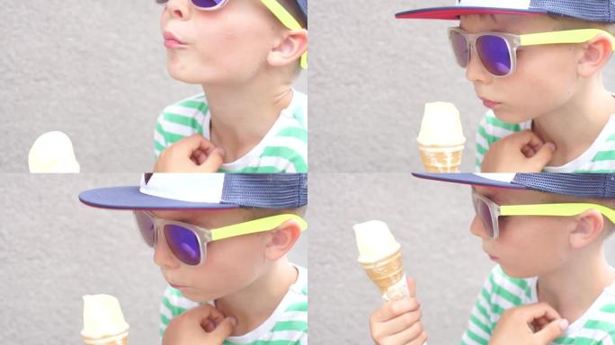 少年在街上夏天舔冰淇淋