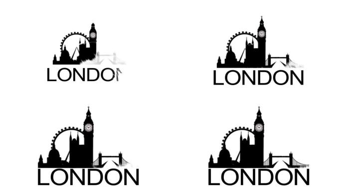 伦敦标题显示轮廓天际线。水墨概念揭示著名地标