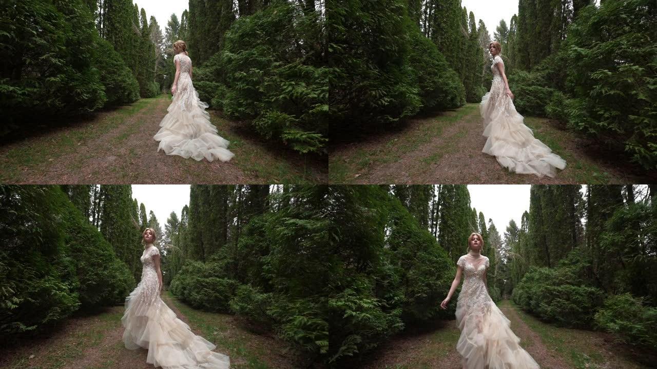 森林里的新娘。女孩靠在木柱上。