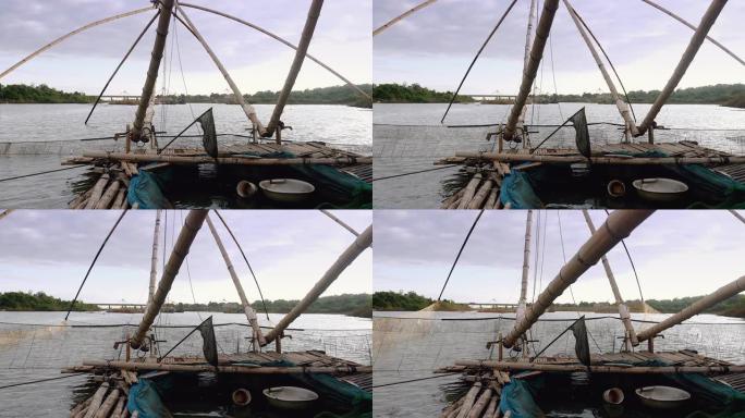 中国渔网被抬出水面的特写镜头
