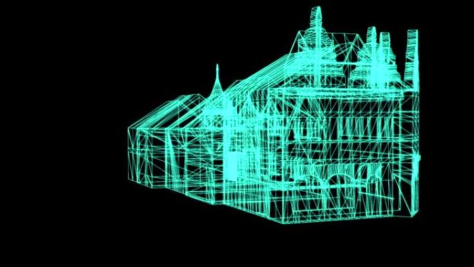 黑色背景上中世纪房屋的线框模型-3D渲染。