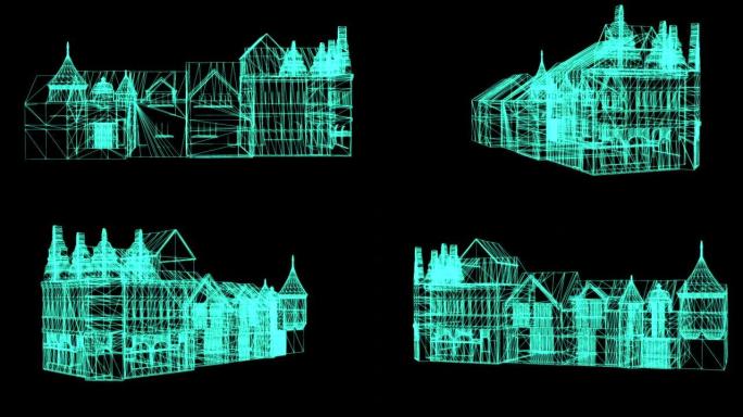 黑色背景上中世纪房屋的线框模型-3D渲染。