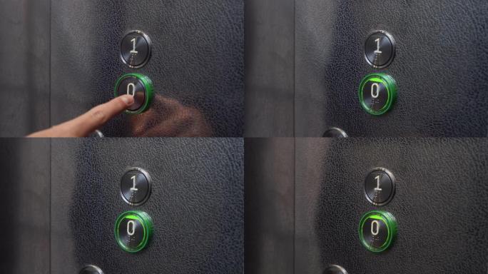 少年按下电梯中的零点按钮，发出绿色的光芒。盲文用于帮助视障人士和盲人。门关上，装置倒下了