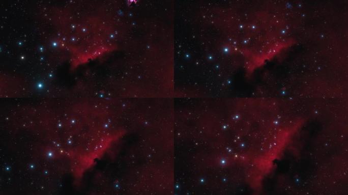 宇宙飞船在太空中靠近猎户座星云。银河系中有数十亿颗恒星。美丽的红色星云和星团