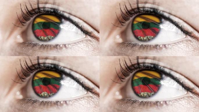 女人绿色的眼睛在近距离与立陶宛国旗在虹膜与风的运动。视频的概念