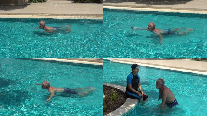 高级夫妇混血种族丈夫游泳给妻子。老人和女人在游泳池里锻炼。成熟的人锻炼。老年运动。健康的生活方式。退