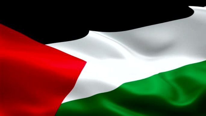 巴勒斯坦国旗运动循环视频在风中挥舞。现实的巴勒斯坦拉马拉旗帜背景。巴勒斯坦国旗循环特写1080p全高