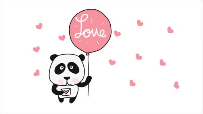 熊猫与爱气球卡通涂鸦风格